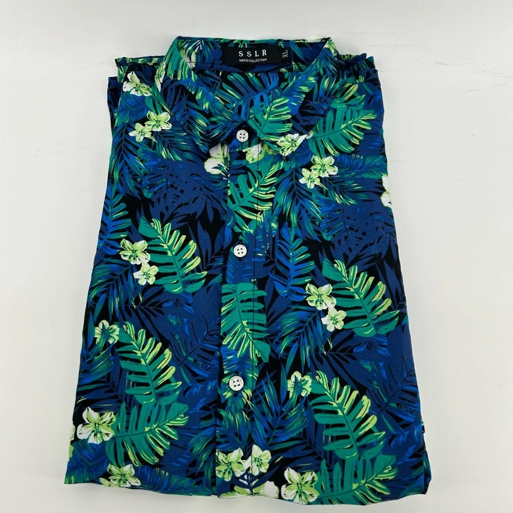 SSLR Aloha Hawaiian Camp Shirt Men's XL‎ Blue Vibrant Floral Pattern EUC